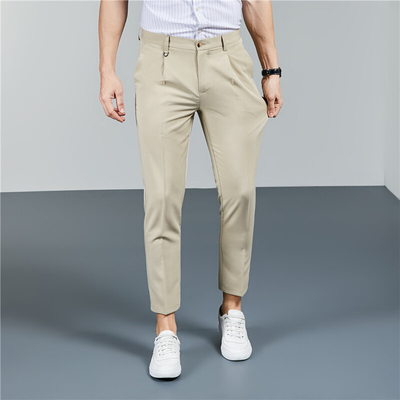 Pantalones de traje de alta calidad para hombre, pantalón informal, ajustado, elástico, transpirable, clásico, para fiesta de boda, nuevo