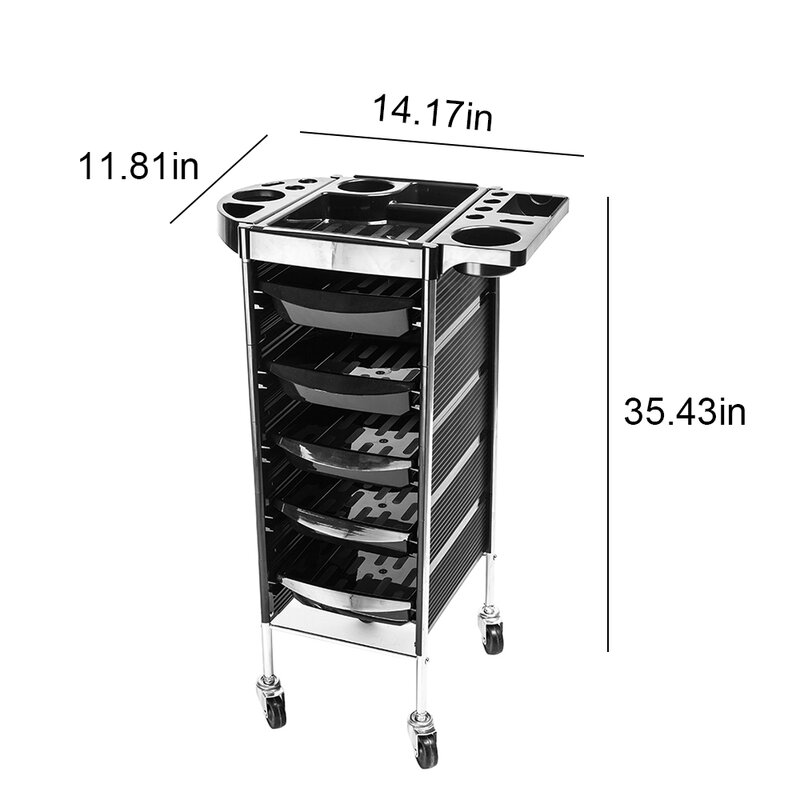 5-Tiers Hairdresser Beauty Storage Trolley Flexible Rollers Black Ideal for Placement Hair Beauty Tools[US-Stock]