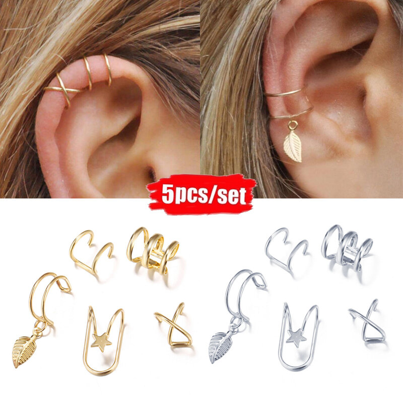 5 Pçs/set Punhos Da Orelha cor do Ouro Folha Ear Cuff Brincos Clipe para Mulheres Earcuff Não Penetrantes Falso Brincos Cartilagem