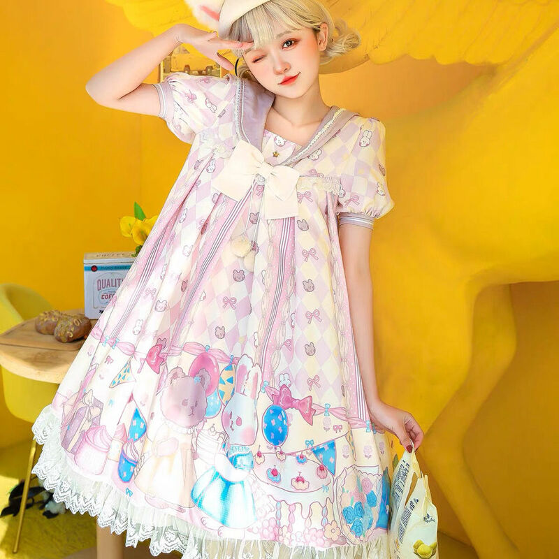 귀여운 일본 로리타 빈티지 드레스, 버니 프린트 로리타 드레스, 부드러운 소녀 스타일, 귀여운 공주 레이스 드레스, 귀여운 파티 드레스