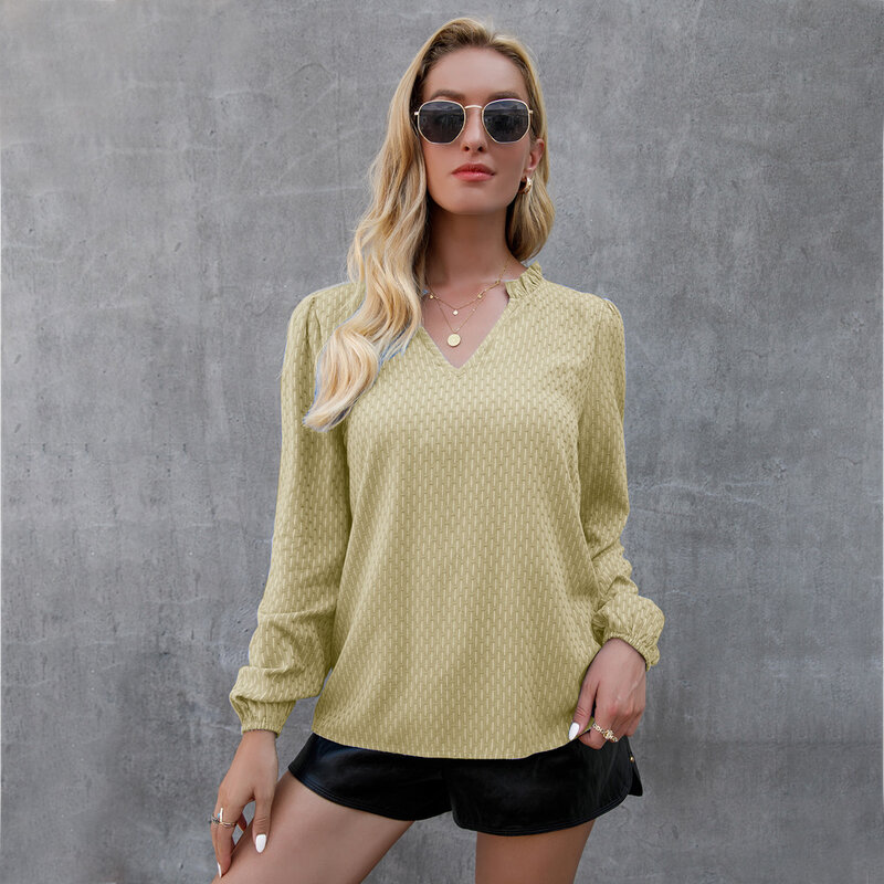 2021 Spring And Autumn V-neck Long-sleeved Pullover Shirt Women Elastic Puff Sleeves Lotus Leaf Neck Slim Blouse T-shirt