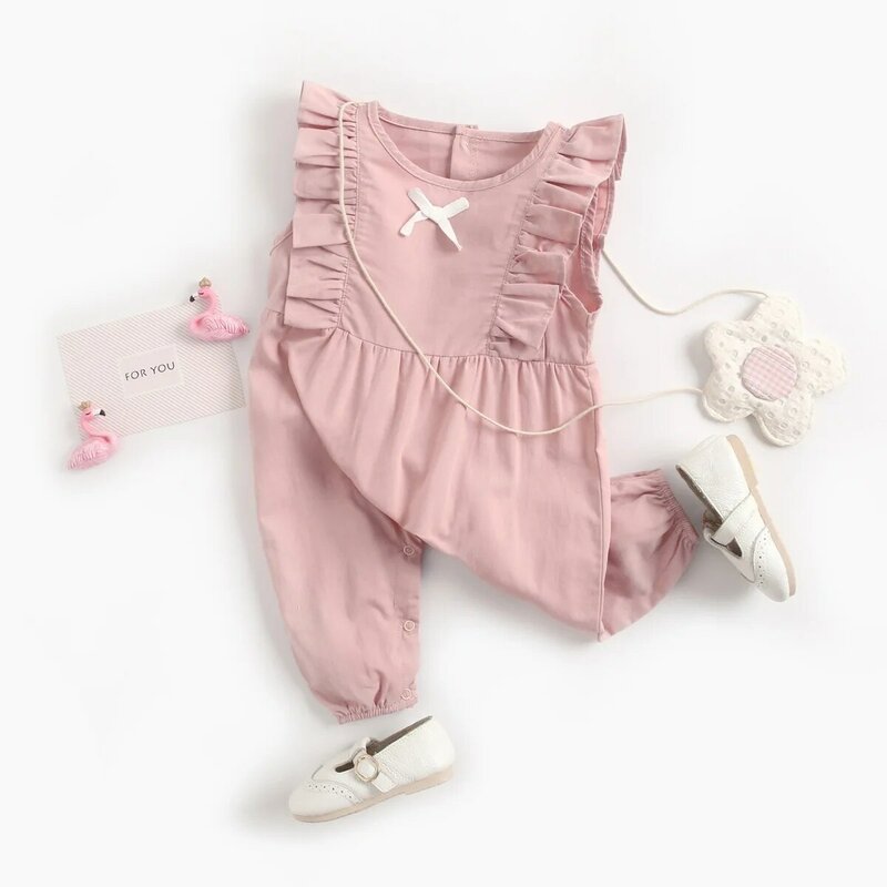 夏新着女の赤ちゃん衣装ベビーキャンディーカラーノースリーブoネック純粋な綿レースかわいいロンパース子供ジャンプスーツ1pc