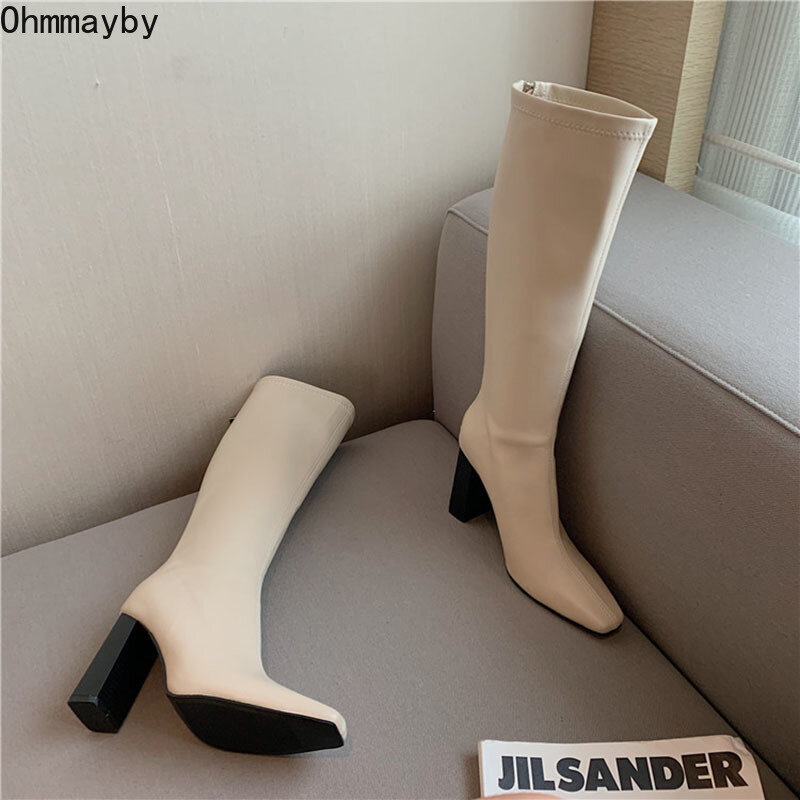 2022 moda legal cavaleiro bootties alta qualidade dedo do pé redondo zip joelho botas de salto quadrado feminino casual inverno sapatos longos