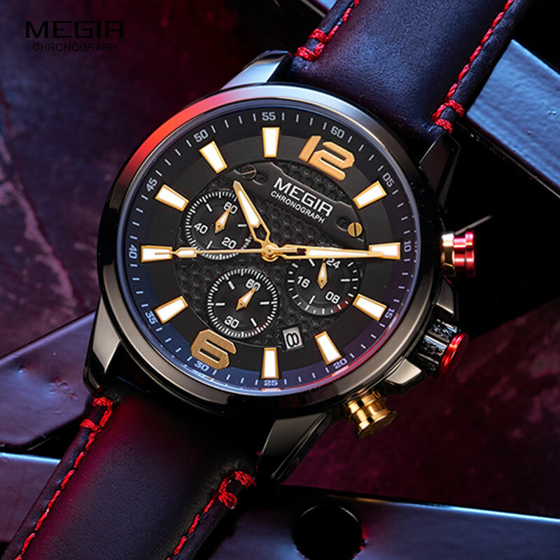 MEGIR-reloj deportivo de lujo para hombres, cronógrafo de cuarzo, de pulsera, de cuero, a la moda, 2156