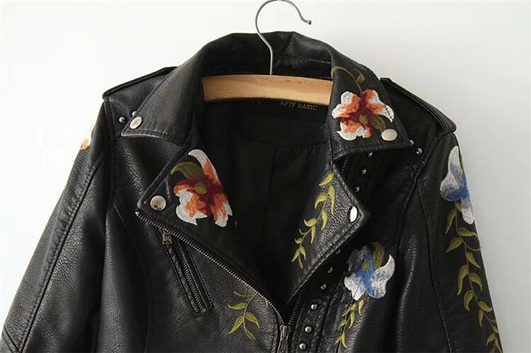 2020 Coat Embroidery faux leather PU Jacket Women Spring Autumn Fashion Motorcycle Jacket Black faux leather coats Outerwear