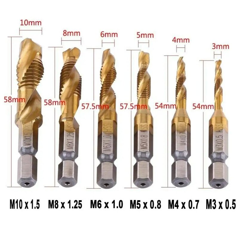 6 Buah Hex Shank Titanium Lapis HSS Ulir Metric Tap Drill Bits Screw Machine Senyawa Tap M3 M4 M5 M6 M8 M10 Alat Tangan