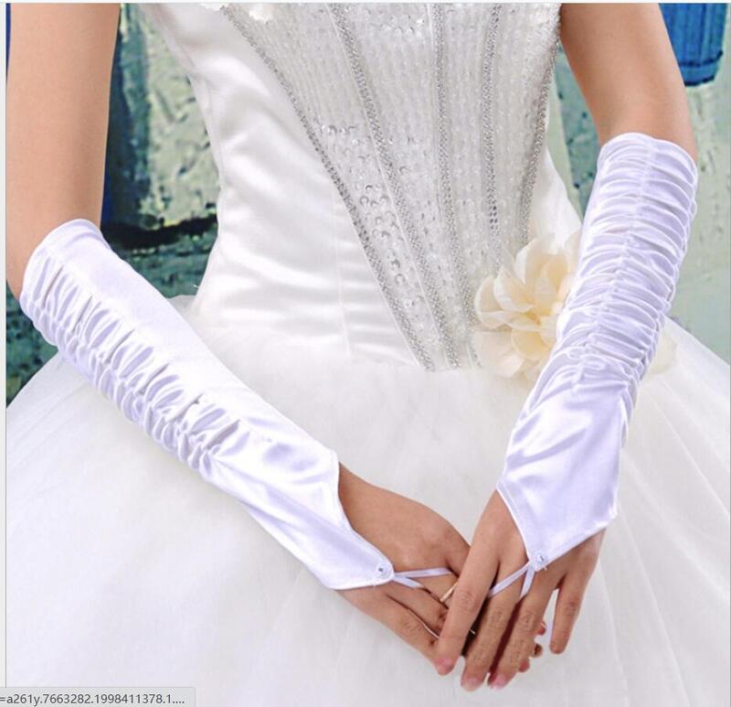 Перчатки женские атласные средней длины, без пальцев, с крючком и рюшами, свадебные аксессуары