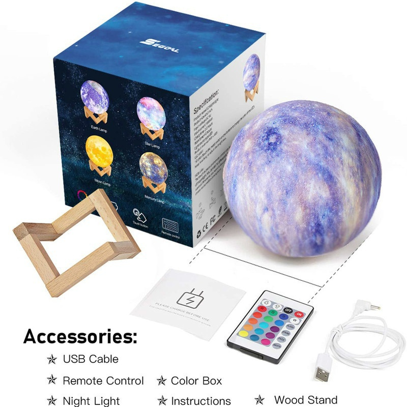 Lámpara de Luna para niños, luz nocturna de galaxia, 16 colores, LED 3D, luz de luna de estrella, cambio táctil y Control remoto, luz de galaxia para regalos
