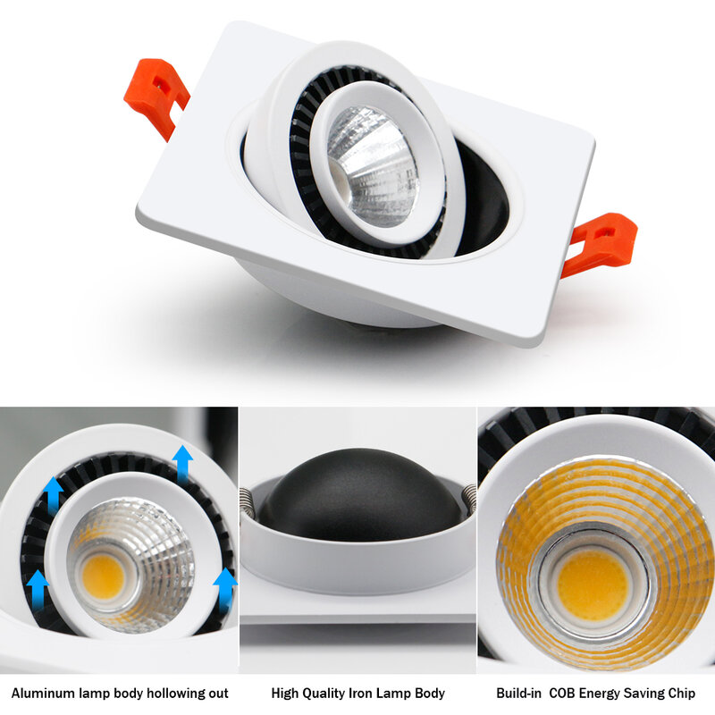 DBF – Spot lumineux LED carré encastrable avec technologie COB, éclairage d'intérieur, lumière à Angle réglable de 360 degrés, disponible en noir et en blanc, 5/7/10/12/15W