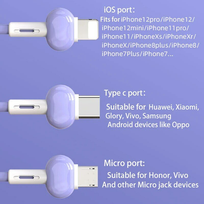 3 인 1 마이크로 USB 타입 C/8 핀 멀티 충전기 케이블, 2.4A, 아이폰 13 12 11 화웨이 P40 프로 S10 휴대폰 충전 코드 케이블