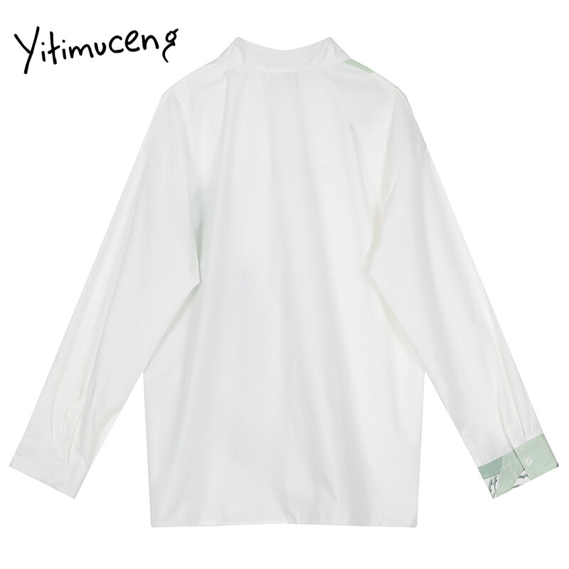Yitimuceng imprimir blusa feminina botão camisas soltas nova primavera branca sólida 2021 roupas de moda turn down manga longa casual topos