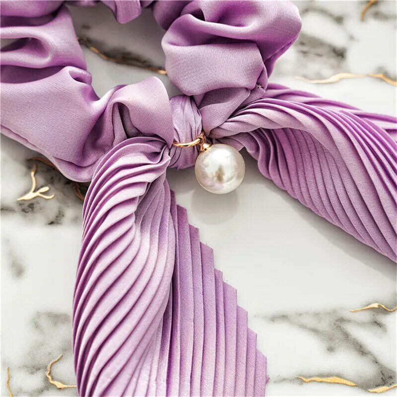 Neue Chiffon-Haar Bogen Scrunchies Perle Falten Band Haar Krawatten Elastische Haar Bands Für Frauen Haar Stil Werkzeuge Haar Zubehör
