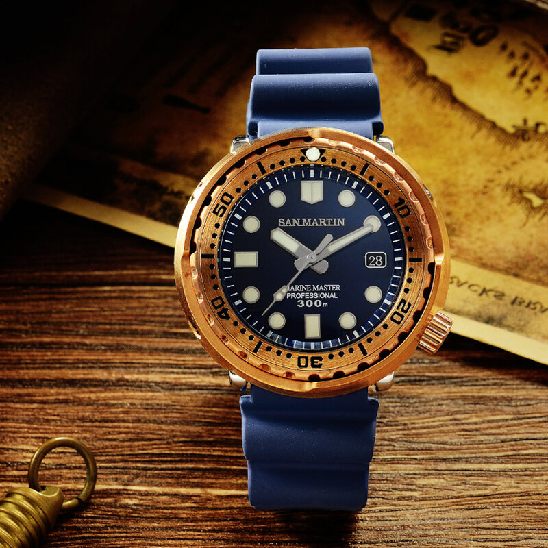 San Martin tuńczyk brązowy zegarek męski automatyczny mechaniczny szafir świecący 30 Bar wodoodporny Fluoro gumowy pasek kalendarz часы