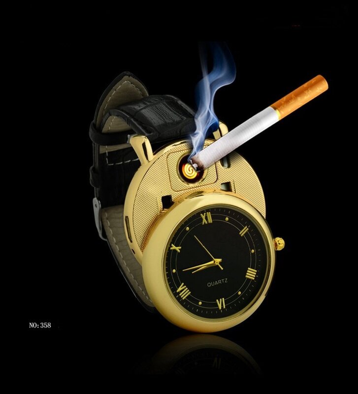 Relógio de isqueiro recarregável usb de quartzo, relógio com fio de aquecimento substituto moda masculina sem chamas relógio de isqueiro 64358 1 peça