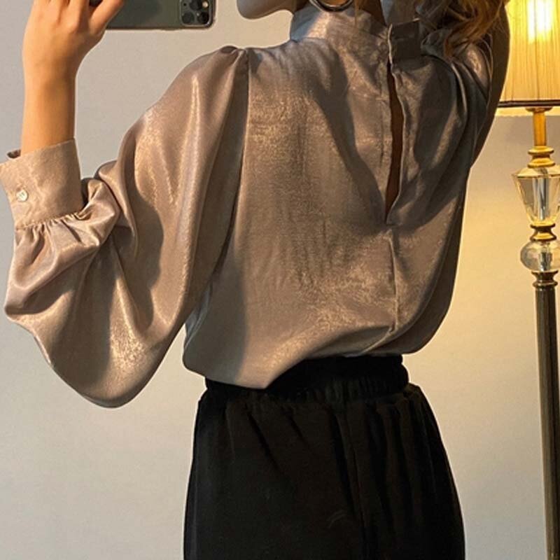 Moda feminina do vintage blusa lisa lanterna manga sólida camisa coreana senhora escritório magro blusas primavera outono blusas elegantes topos