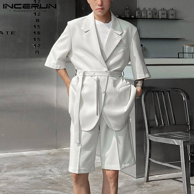 INCERUN 2021 Stilvolle Männer Gut Fitting Sätze Nahen Hülse Shorts Casual Streetwear Taille Krawatte Einfarbig Komfortable Anzüge S-5XL