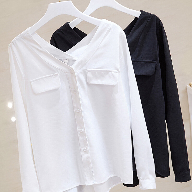 Женская Офисная приталенная рубашка, элегантная белая блузка большого размера с V-образным вырезом, двумя карманами и длинным рукавом