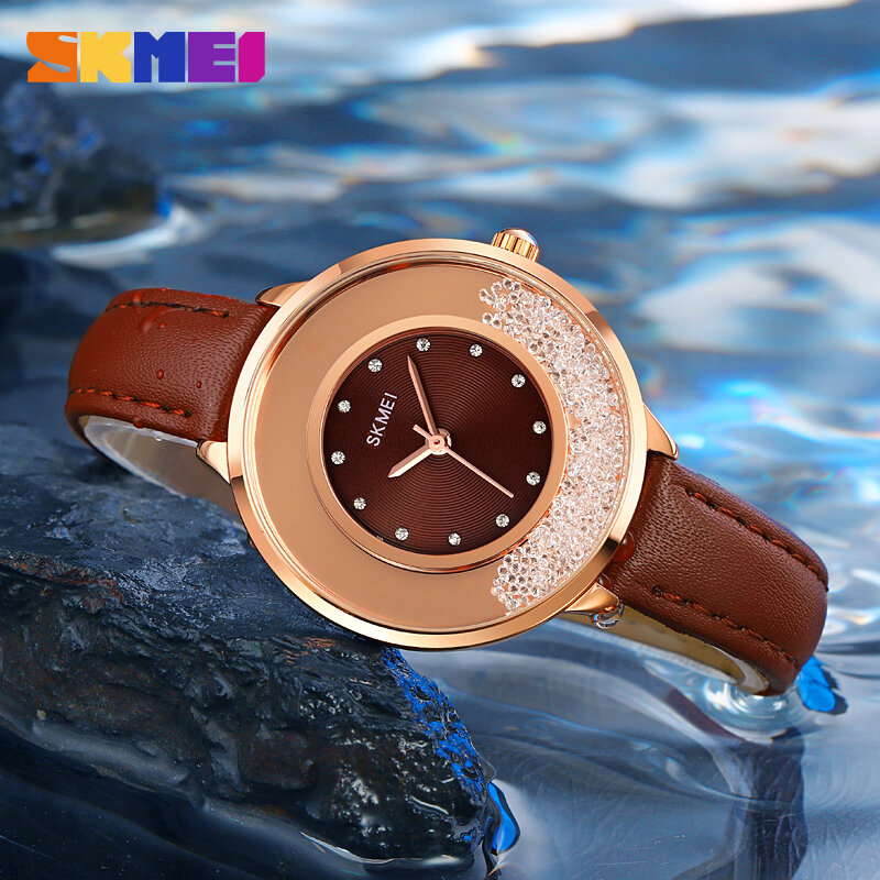 SKMEI-Reloj de pulsera de cuero de moda para mujer, reloj de lujo con esfera de cristal, de cuarzo, informal, novedad de 2021