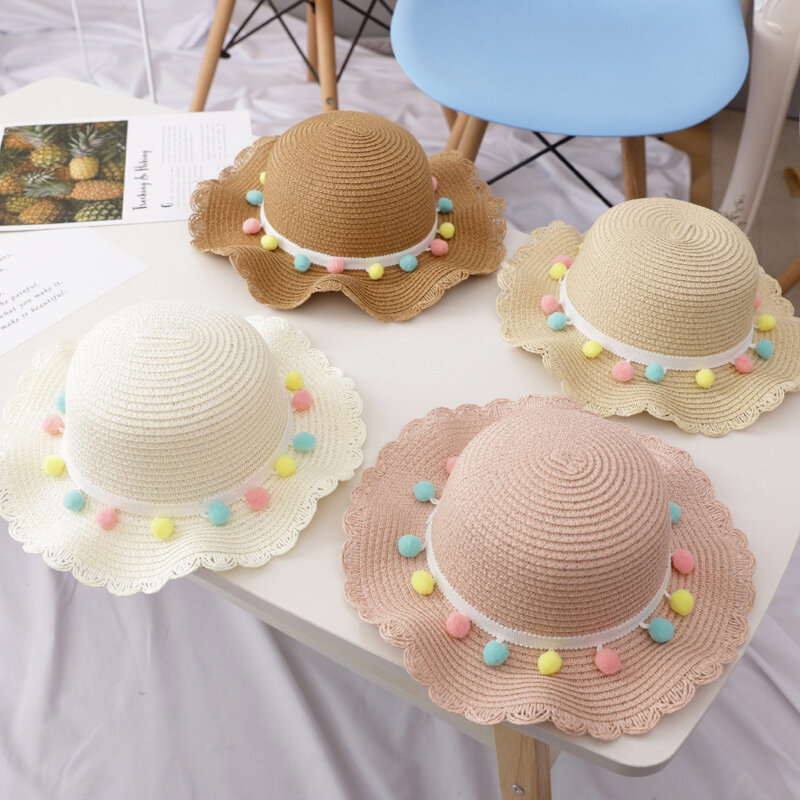 Menoea-sombrero de paja transpirable para niña, gorra de playa de verano, Bola de colores, sombrero de princesa dulce, playa con bolsa, sombreros para niños de 2 a 6 años