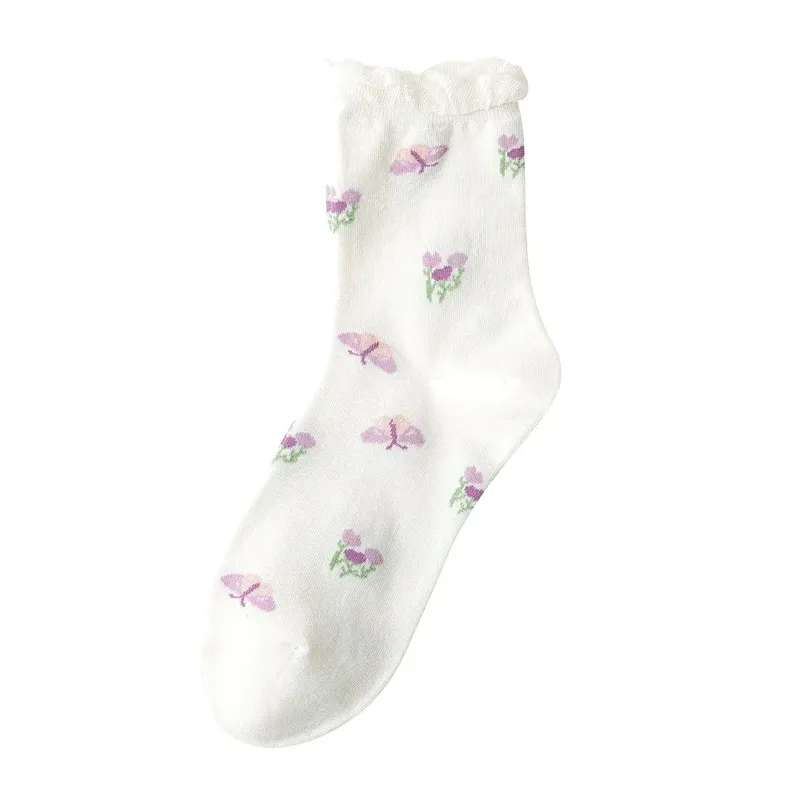 1คู่ถุงเท้าผู้หญิงสั้นแฟชั่นฤดูร้อนใหม่ดอกไม้สีม่วงถุงเท้าผ้าฝ้ายสไตล์เกาหลี Lacesocks หวานน่...
