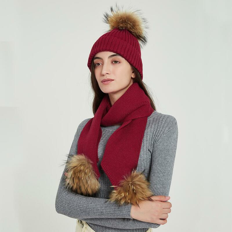 Wixra-여우 모피 볼 캡 리딩 + 니트 스카프, 투피스 세트 겨울 의류 비니 모자, 가을 겨울용 두꺼운 여성 모자