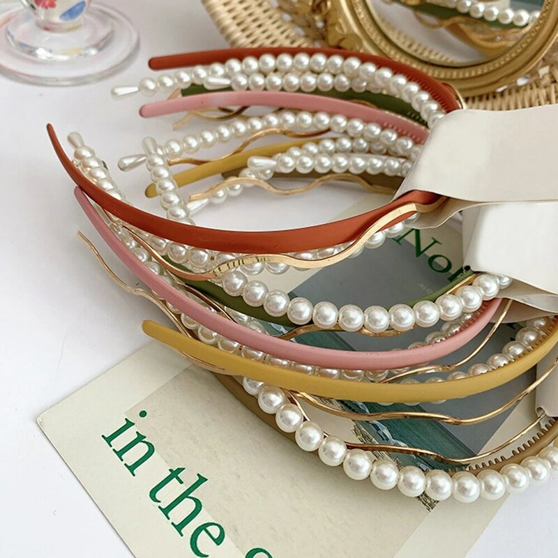Diademas de perlas de onda salvaje para mujer, diadema de Metal esmerilada de caramelo, accesorios coreanos para el cabello, 3 unids/set por juego