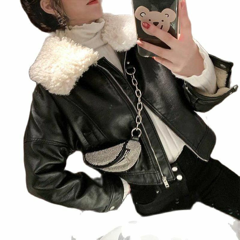 Faux Leather Jacket Fur Collar Women 2021 Thick Winter Coat Casual Motorcycle PU Jackets Plus Size Fashion Ladies Winter Jacket