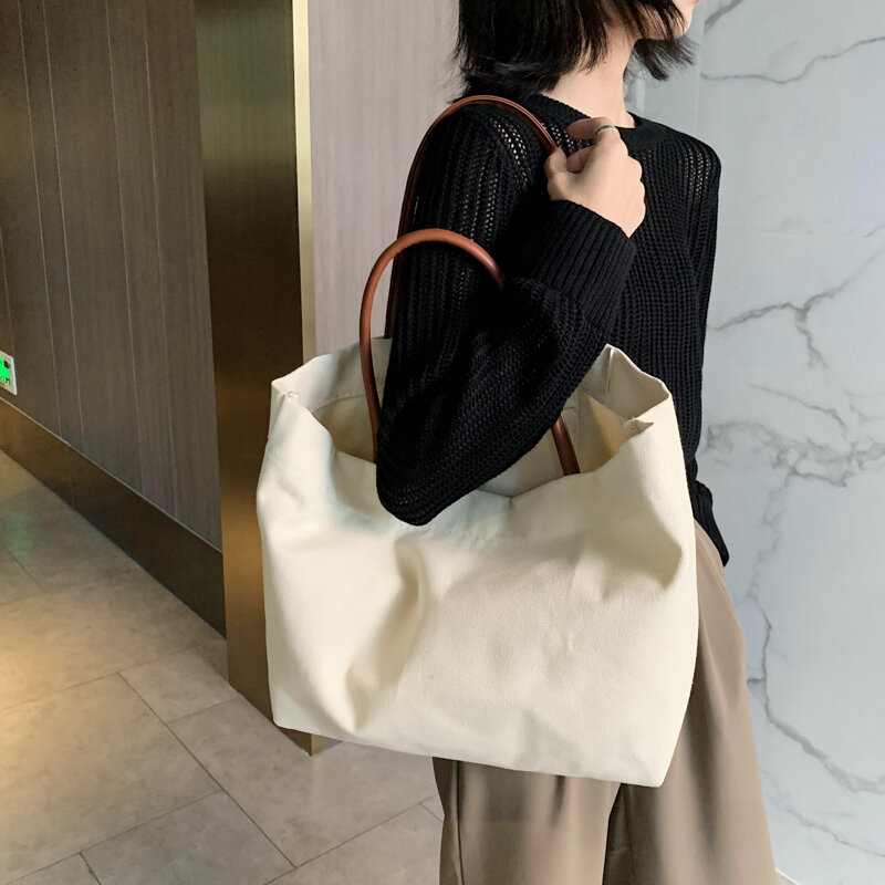 Bolsas de compras para mujer, bolso de mano Simple sólido de gran capacidad, de lona, reutilizable, estilo coreano, respetuoso con el medio ambiente