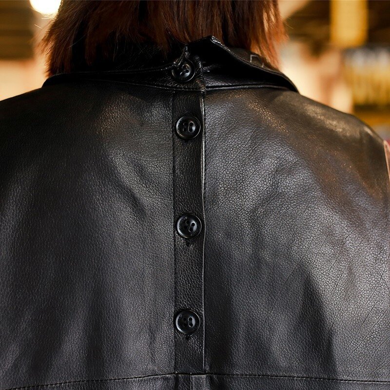Jaqueta de couro legítimo feminino, jaqueta estilo batwing, jaqueta de couro com cinto, novo, primavera