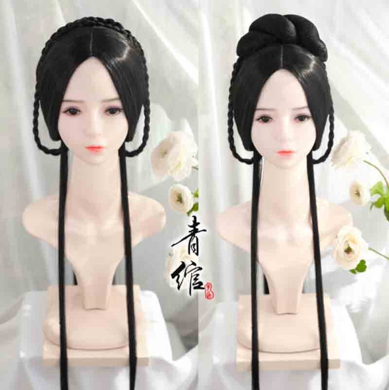 Hanfu 가발 여성 중국 전통 Hanfu 가발 헤드 기어 여성 코스프레 소품 고대 중국 헤어 스타일 블랙 가발 여성용