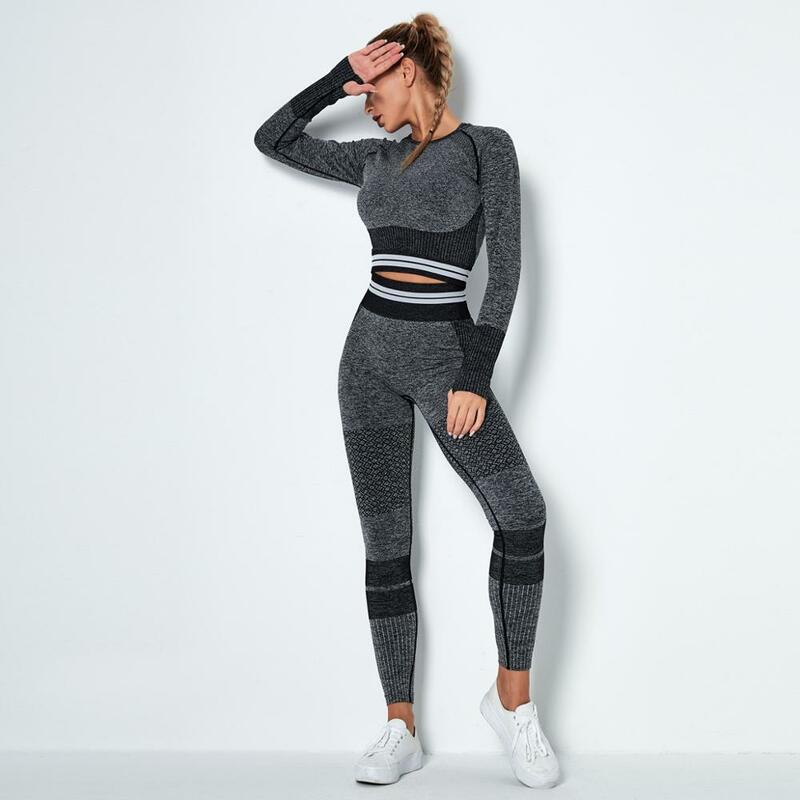 Feminino elástico ginásio roupas de treino roupas manga longa aptidão colheita superior cintura alta sem costura leggings feminino yoga esporte terno