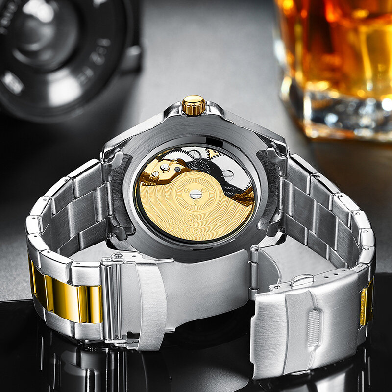 SPAß BIDEN Hohl Design Wasserdichte Uhr Männer Hardlex Spiegel Automatische Mechanische Mode Mann Armbanduhren