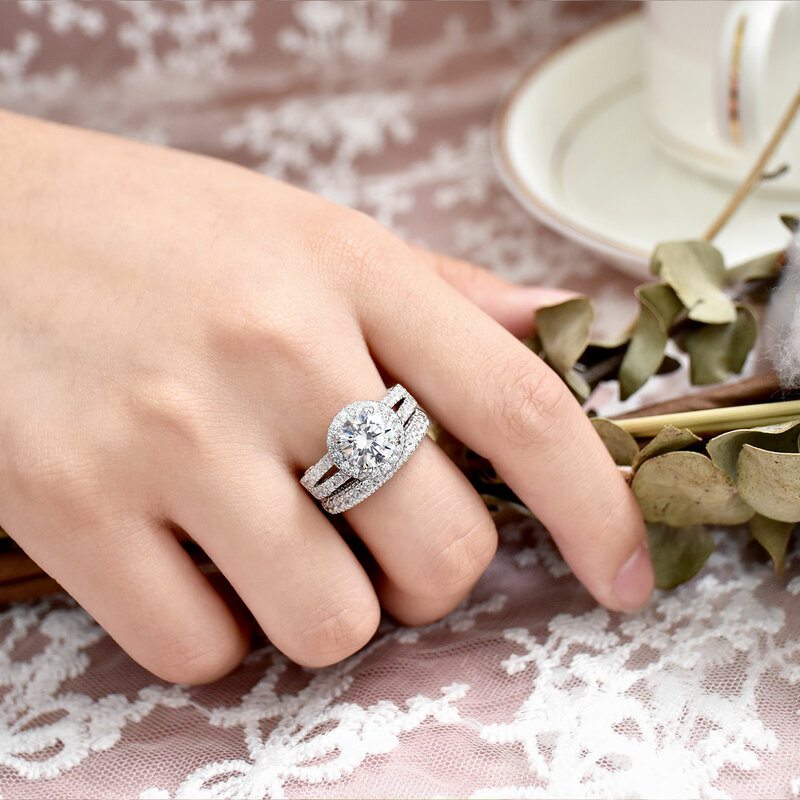 Wuziwen 2 sztuk zestaw pierścieni ślubnych dla kobiet Halo Brilliant Round Cut CZ symulowane diament 925 srebro obrączki