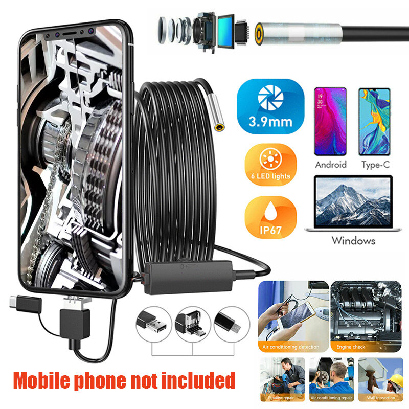 3.9MM Android Phone USB Endoscope 3 in 1 Inspection Mini Pipe Camera 10m Flexible Full HD 720P Waterproof Borescope Smartphone