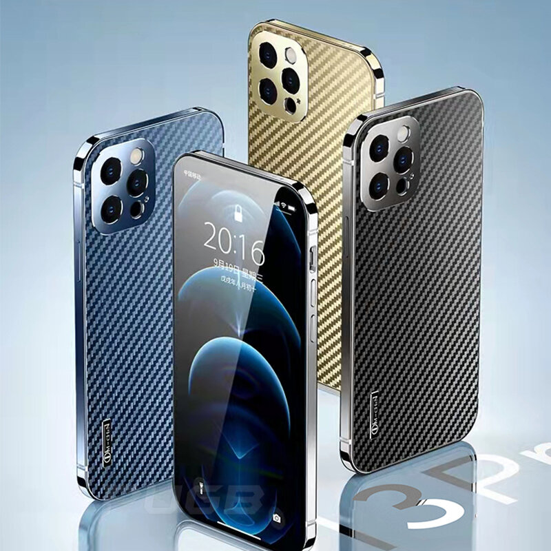 Coque antichoc de luxe en Fiber de carbone et acier inoxydable pour iPhone, compatible modèles 12, 13 Pro Max, protection en verre trempé