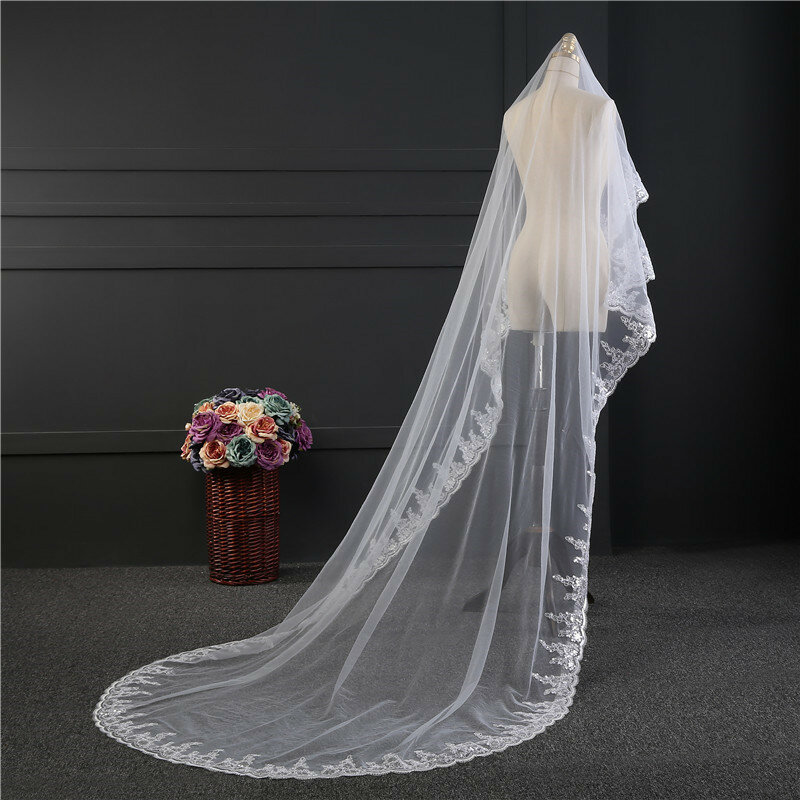 NZUK High Quality Cathedral Bridal Veil with Comb Blusher Lace Appliques 3 Meters Long 1T Wedding Veil Cover Face Voile Mariage