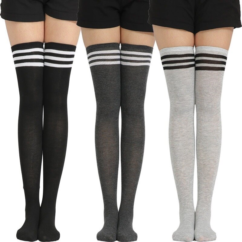Novo preto e branco lolita listrado meias femininas sexy coxa alta tubo de náilon meias longas bonito quente sobre o joelho meninas algodão
