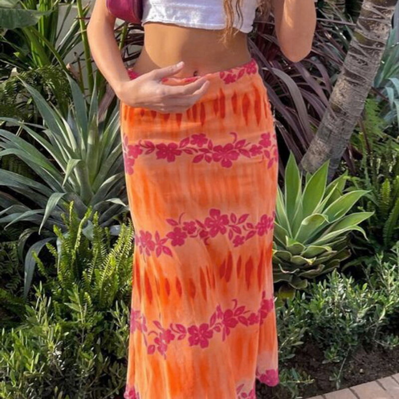 Женская свободная юбка с высокой талией, оранжевая Повседневная пляжная юбка с цветочным принтом в богемном стиле, лето 2021