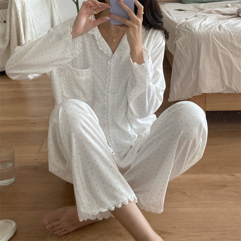 Nieuwe 2021 Koreaanse Sweet Fashion Casual Thuis Kleding Set Set Herfst Dot Printing Kant Patchwork Pyjama Voor Vrouwen