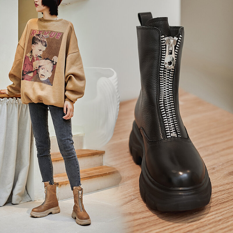 Ins bota feminina de couro bovino, calçado feminino cano curto com zíper frontal vintage para outono e inverno