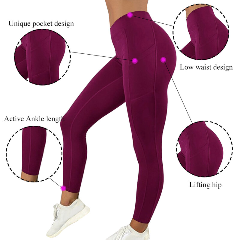 2021 Neue SportsLeggings High Waist Pocket Female Solid Push Up Pants Elastic Fitness Gym Leggings Female Training Energy