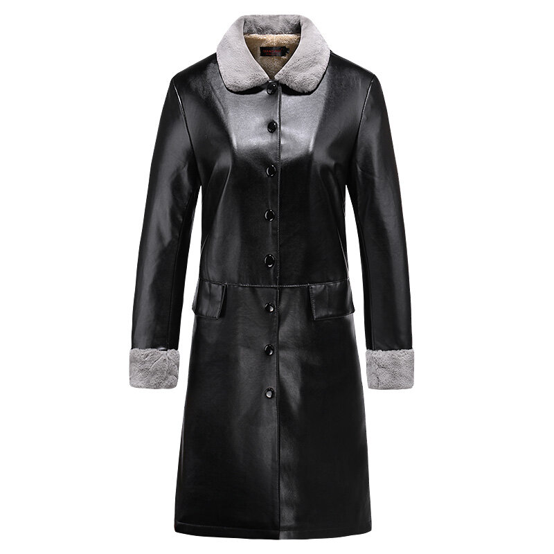 ChangNiu – vestes longues en cuir PU pour femmes, 3 couleurs, noir, rouge, vert foncé, fausse fourrure à l'intérieur, hiver chaud, manches longues