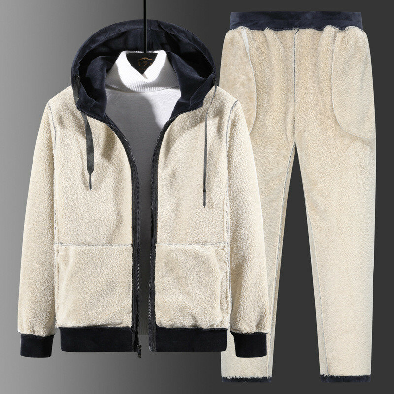 Plus tamanho 8xl lã de cordeiro dos homens 2 peças conjunto quente para o inverno agasalho hoodies + calças ao ar livre roupas quentes