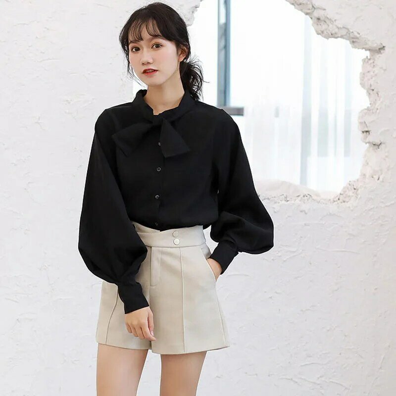 Beige Blue Bow Retro Solid Shirts For Women  Autumn Winter 2021 Casual Long Lantern Sleeve Office Lady Blouse Mujer In Stock