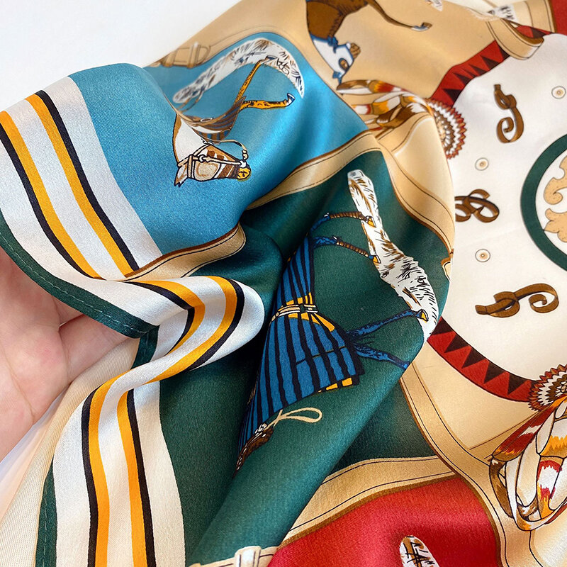 Foulard de luxe 100% soie pour femmes, Bandana, imprimé cheval, bandeau, petit carré, 53x53cm