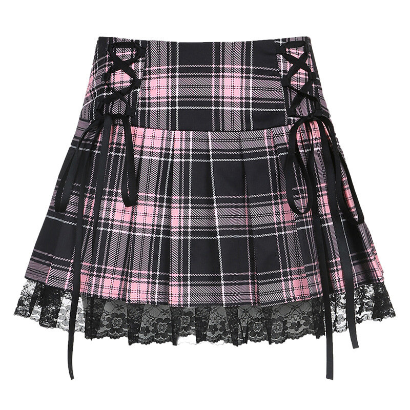 Saia xadrez plissada feminina, peça saia cintura alta rosa com garra fina renda para nyz shop 2021