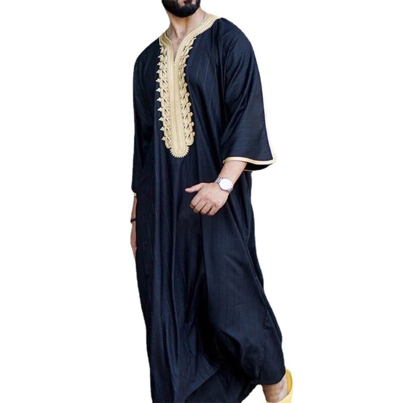 Muslimischen Männer Langarm Islamischen Arabischen Hemd Stickerei V-ausschnitt Abaya Kaftan Robe L41B