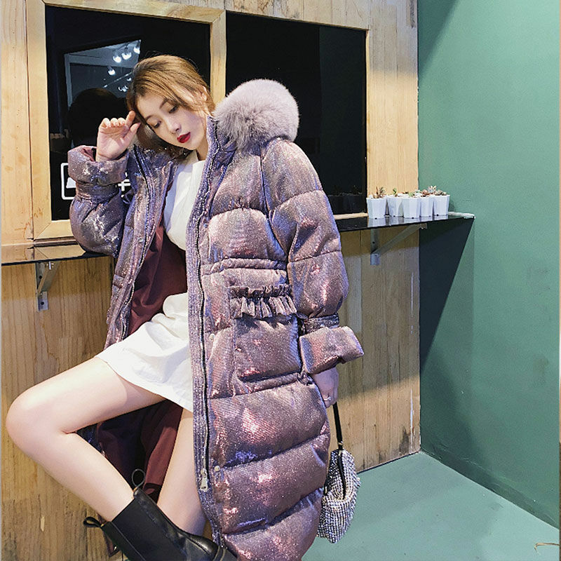 여성용 하이 엔드 다운 코튼 패딩 재킷, 2020 년 새로운 겨울 청소년 단색 중간 길이 대형 모피 칼라 코트