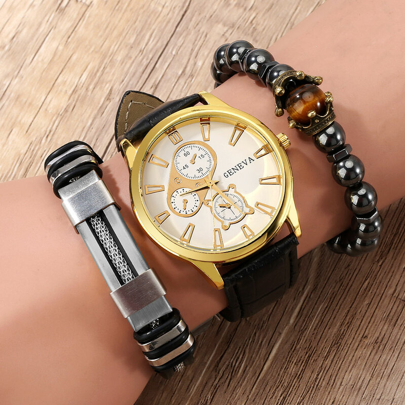 Herren Uhr Armband Set mit Box Legierung Fall Lederband Quarz Uhren Mode Casual Business Armbanduhr Kalender Uhr Geschenk