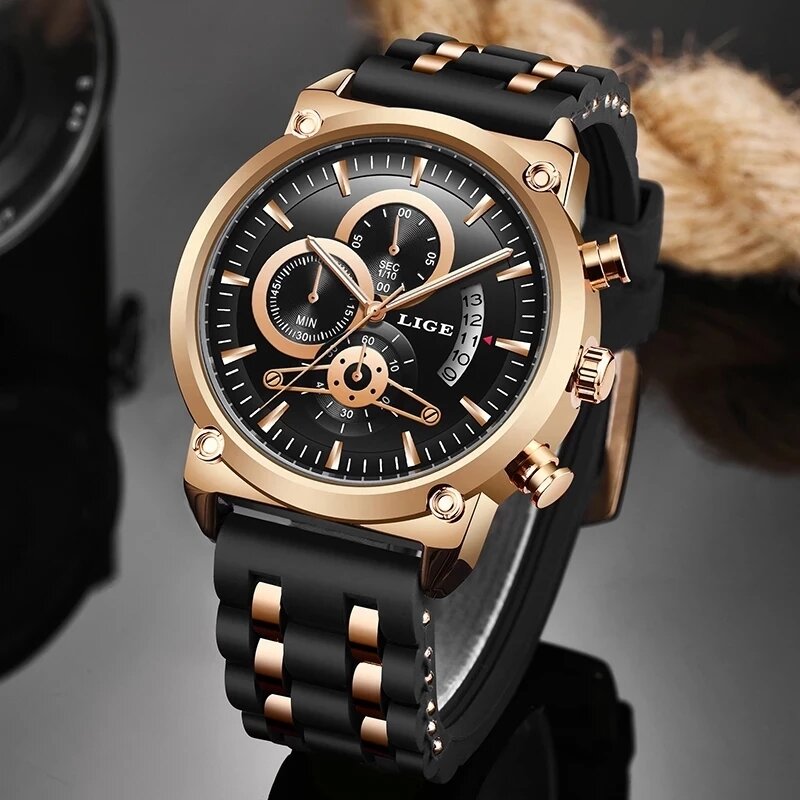 Lige新古典的な黒メンズ腕時計トップブランドの高級時計の男性軍事シリコーン防水クォーツ時計レロジオmasculino